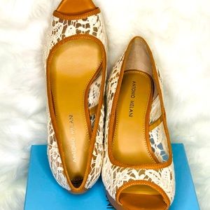 Antonio Melani Tan and White peep-toe sandals
